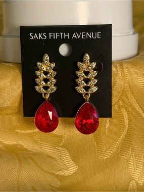 Saks Fifth Avenue Golden Earrings with Red Teardrop Crystals